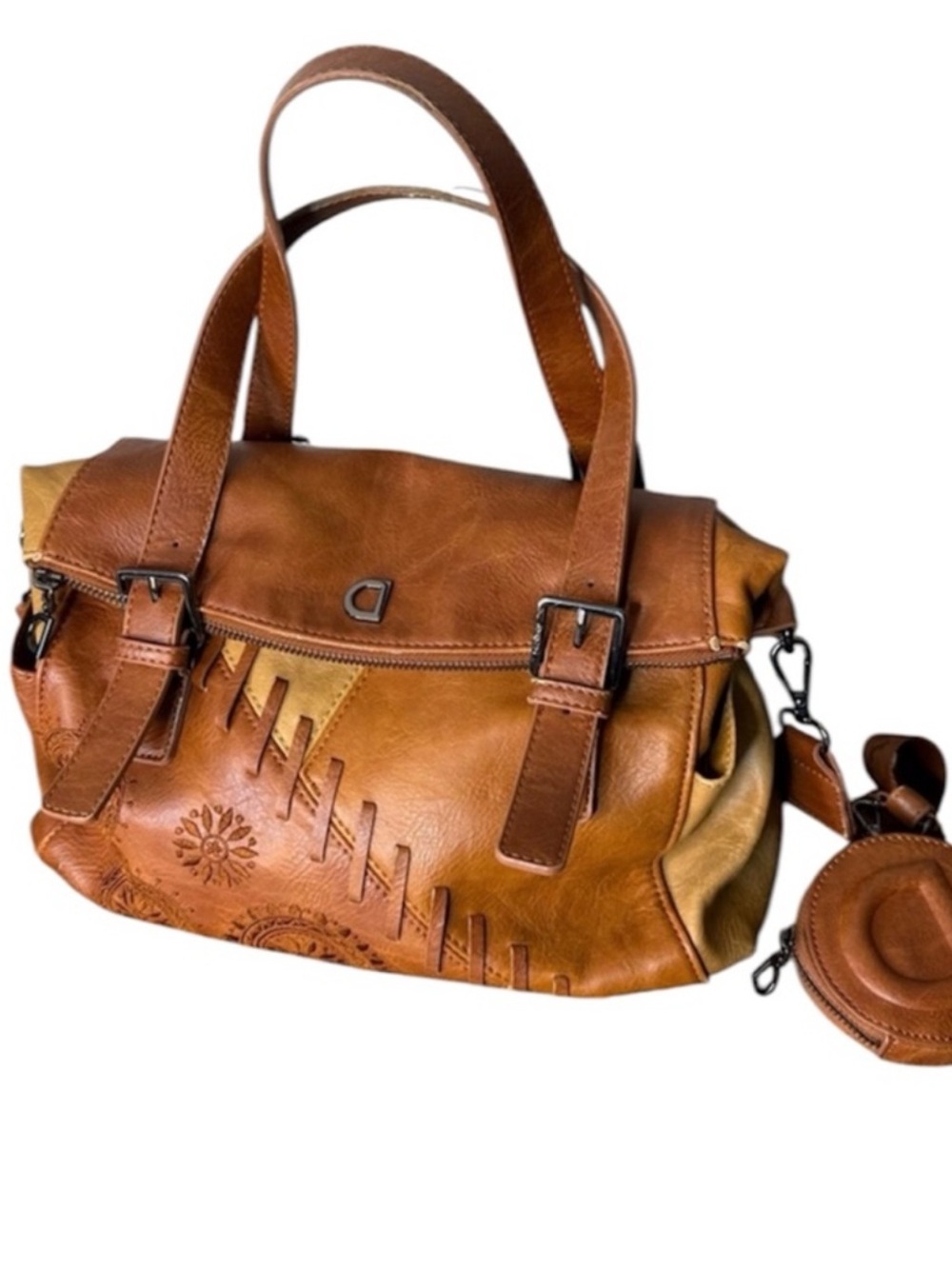 DESIGUAL Mandala Bag Cognac Brown Tan Satchel Crossbody Faux Leather Boston Bag